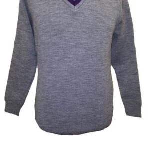 Grey With purple band V Neck Jumper